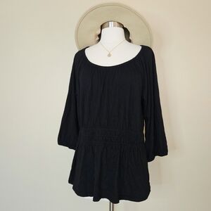 J.Jill Black Scoop Neck Blouse 3/4 Sleeve Cinch Waist Top Shirt Size Boho Medium